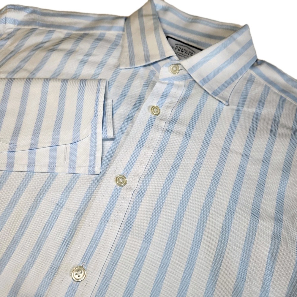 CHARLES TYRWHITT French Cuff Dress Shirt Men 16/36 Slim Blue White Stripe Weave